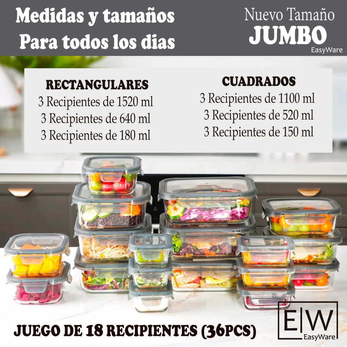 🥗 Set de 18 Contenedores de Vidrio Herméticos con Tapas de Colores
