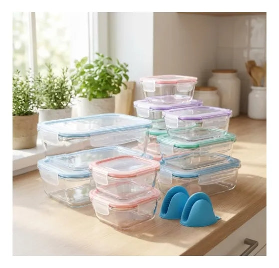 🥗 Set de 18 Contenedores de Vidrio Herméticos con Tapas de Colores
