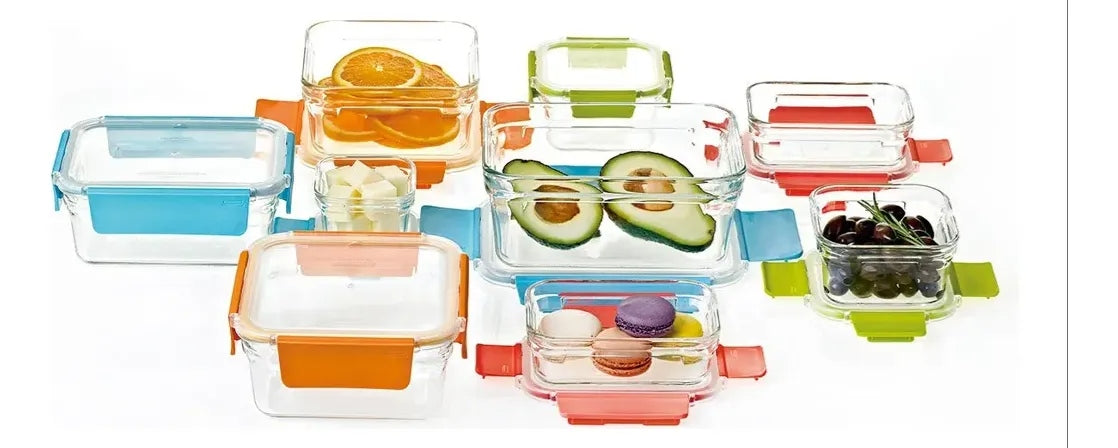 🥗 Set de 18 Contenedores de Vidrio Herméticos con Tapas de Colores