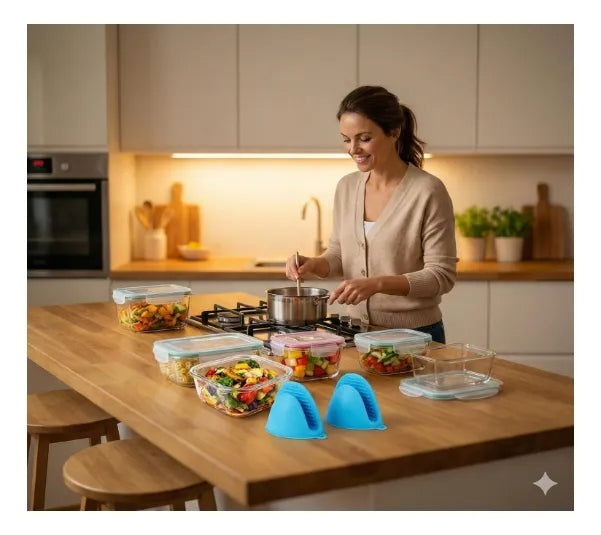🥗 Set de 18 Contenedores de Vidrio Herméticos con Tapas de Colores