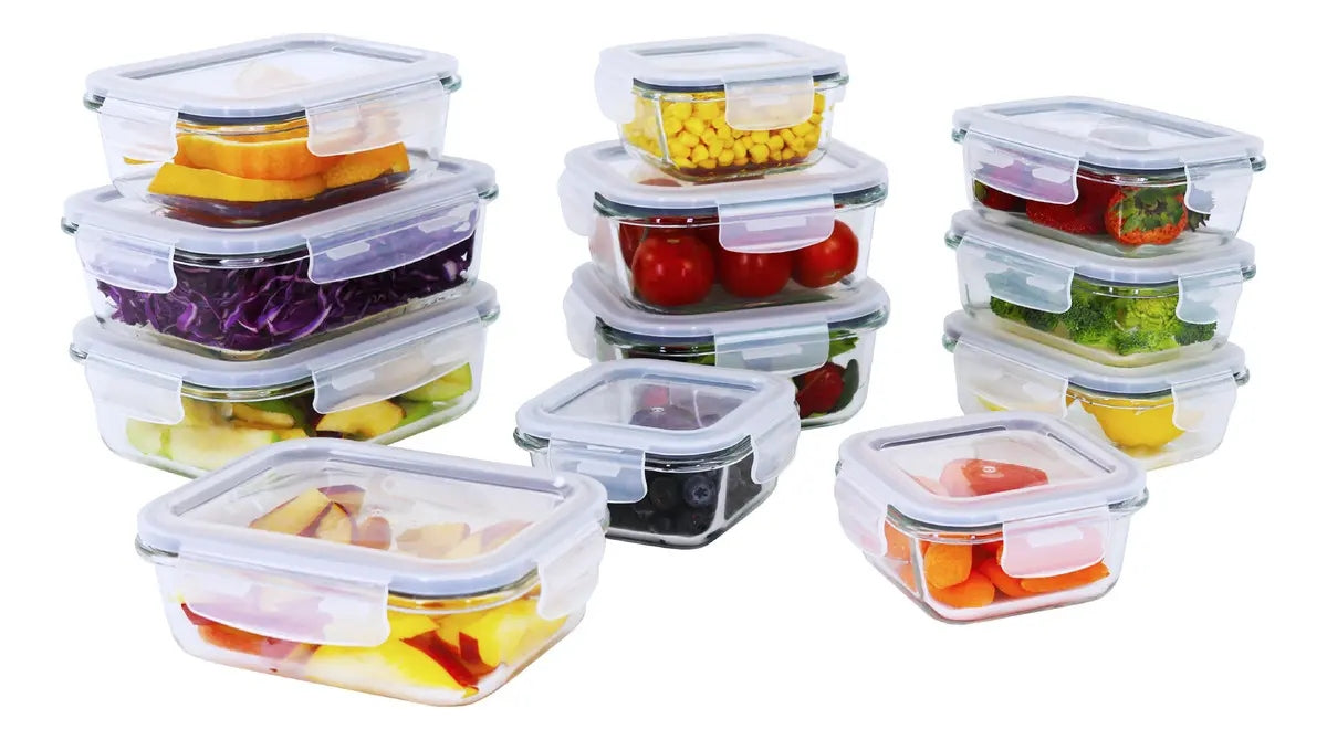 Set 12 Recipientes de Vidrio Herméticos con Tapa — 24 Piezas | Libre de BPA