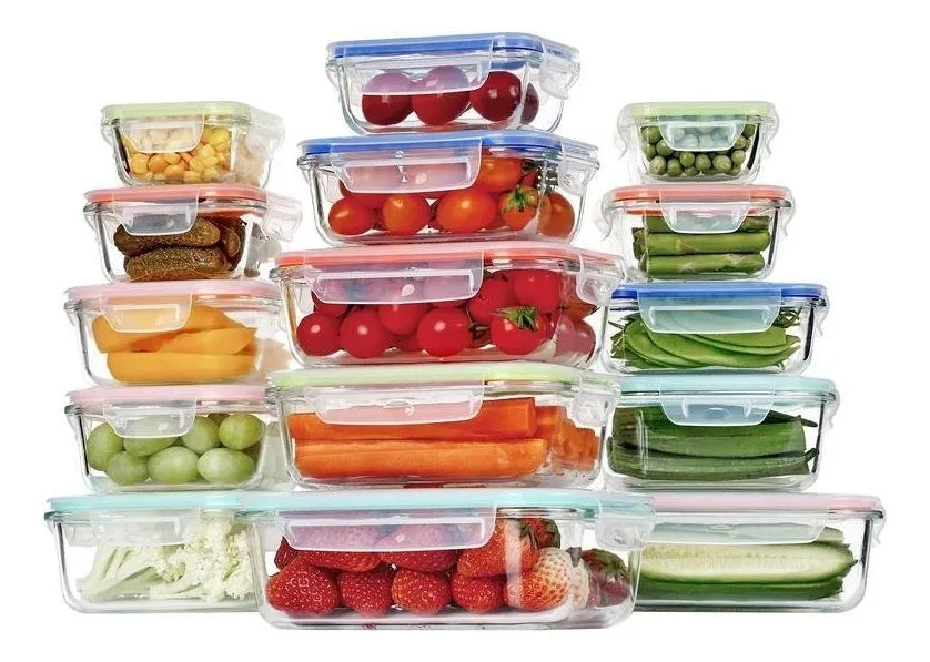 🥗 Set de 18 Contenedores de Vidrio Herméticos con Tapas de Colores