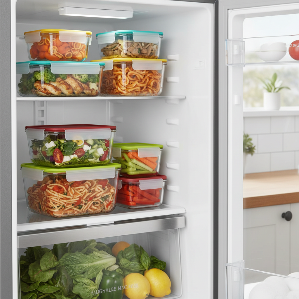 Contenedores de vidrio organizados en refrigerador