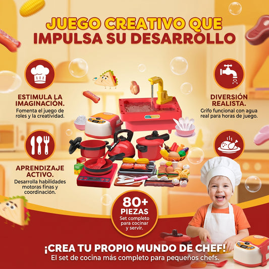Cocina Infantil 80piezas Con Lavavajillas Rojo