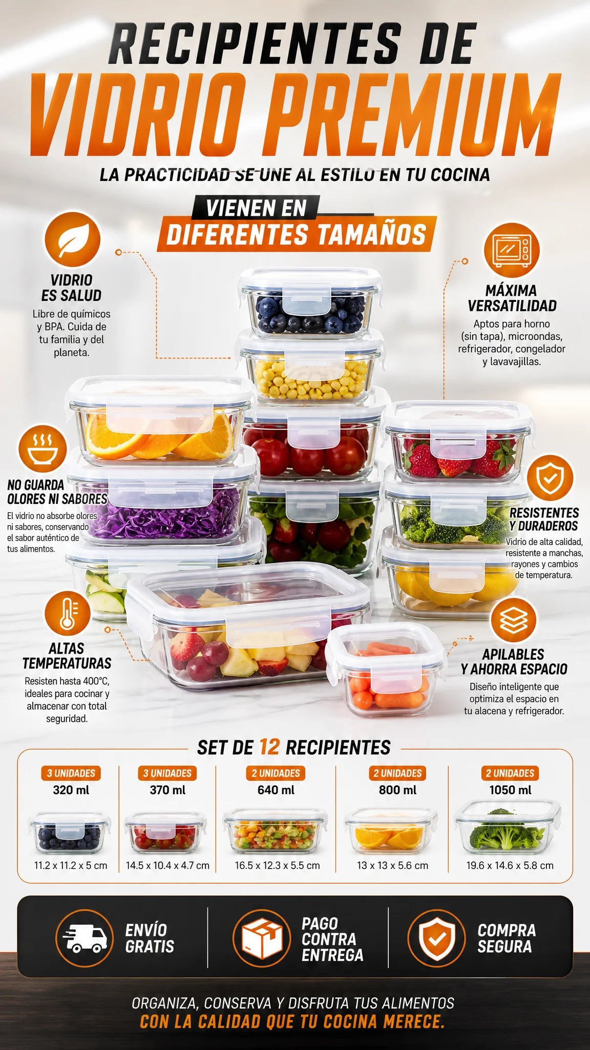 Set 12 Recipientes de Vidrio Herméticos con Tapa — 24 Piezas | Libre de BPA