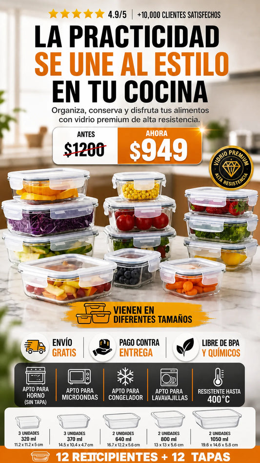Set 12 Recipientes de Vidrio Herméticos con Tapa — 24 Piezas | Libre de BPA