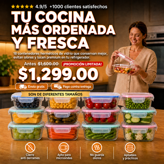 🥗 Set de 18 Contenedores de Vidrio Herméticos con Tapas de Colores